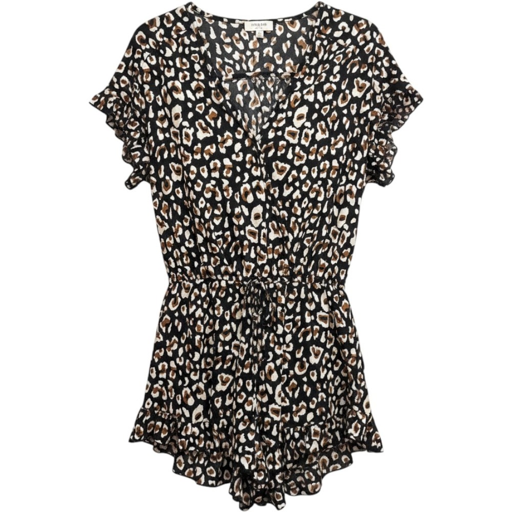 Umgee USA Leopard Print Romper Small Short Sleeve Ruffle V-Neck Animal Priny
